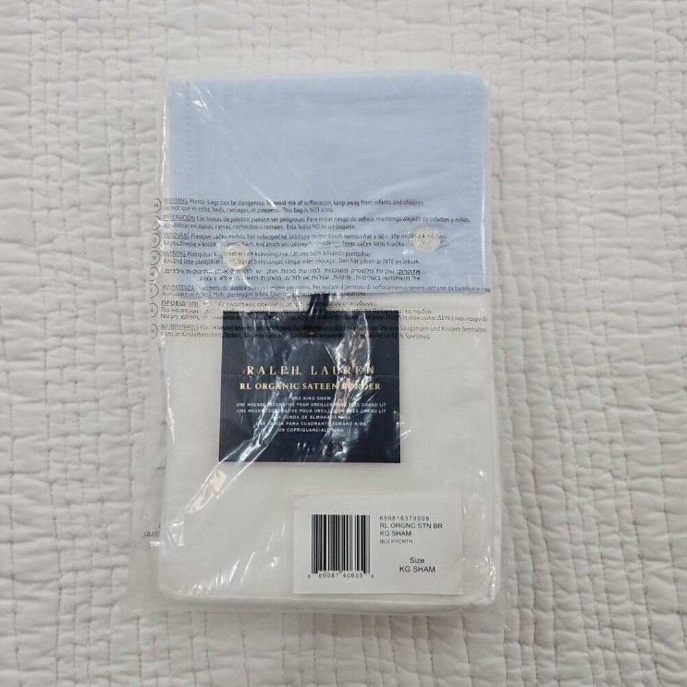 NEW Ralph Lauren Pillow Sham King Size Blue Hyacinth Organic Sateen Border NIB - Picture 2 of 7